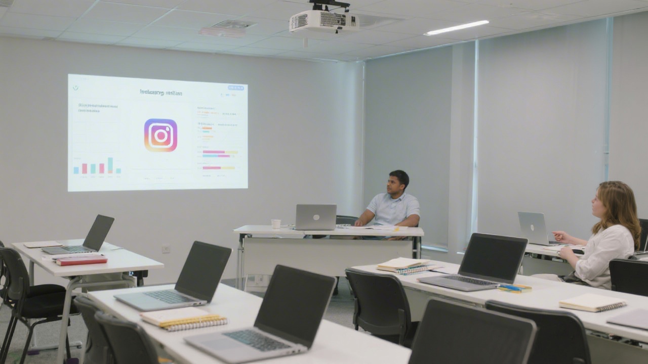 Modern training classroom with laptops, notebooks, and a projector showing Instagram analytics, illustrating a practical learning environment for social media skills.