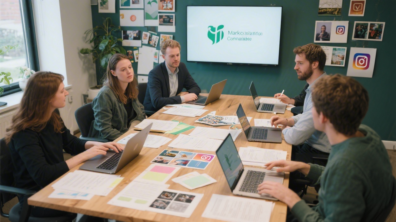 Marketing team workshop table with laptops, content drafts, and mood boards, illustrating collaborative content planning for Irish social media campaigns.