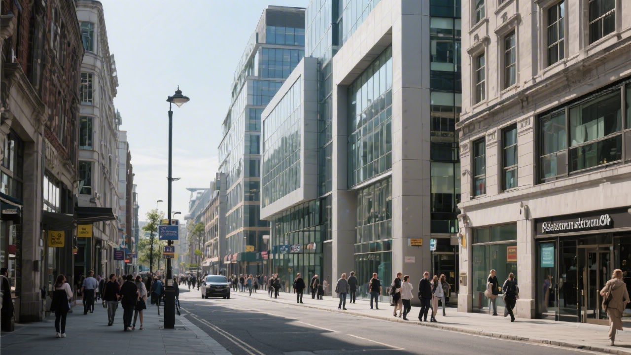 Street-level view of Dublin’s business district with modern buildings and pedestrians, capturing the local atmosphere that shapes our social media marketing programmes.
