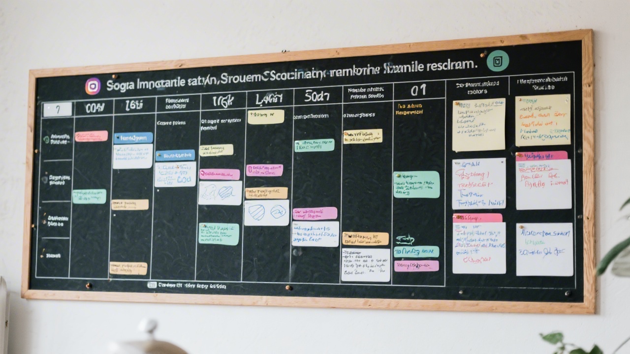 Detailed planning board with social media schedules and performance notes, highlighting the structured approach taken during course sessions.