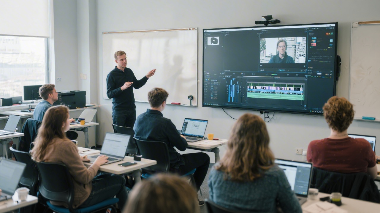 Workshop scene with a facilitator demonstrating short-form video editing on a large screen while learners follow along on laptops in a Dublin classroom.